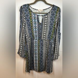 Hippie Rose Blue Boho Print Long Split Sleeve Festival Mini Dress Size Medium
